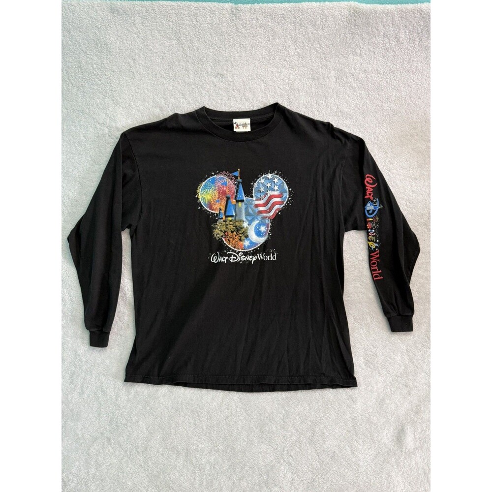 Vintage Walt Disney World Shirt Mens XL Black Mickey Mouse Spellout Long Sleeve
